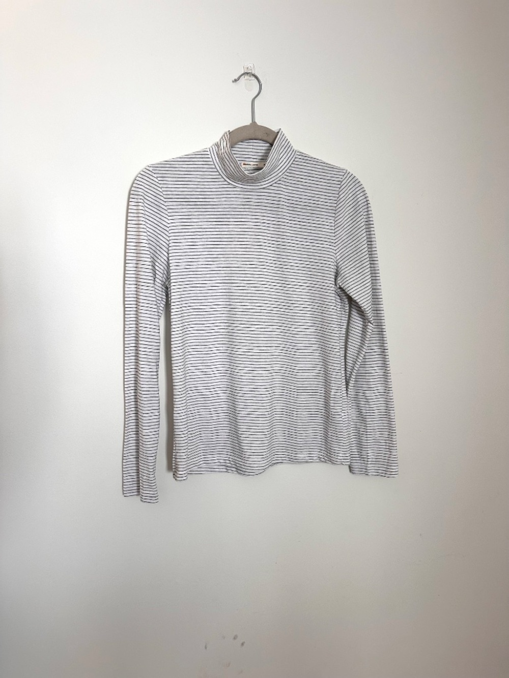 Women's Marine Layer Mock Neck Long Sleeve Shirt,White/Black thin stripe